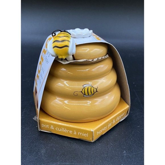 Mini Honey Pot Ceramic Jar & Wood Dipper Joie MSC Beehive with Bee 2002 BPA free - Picture 4 of 11
